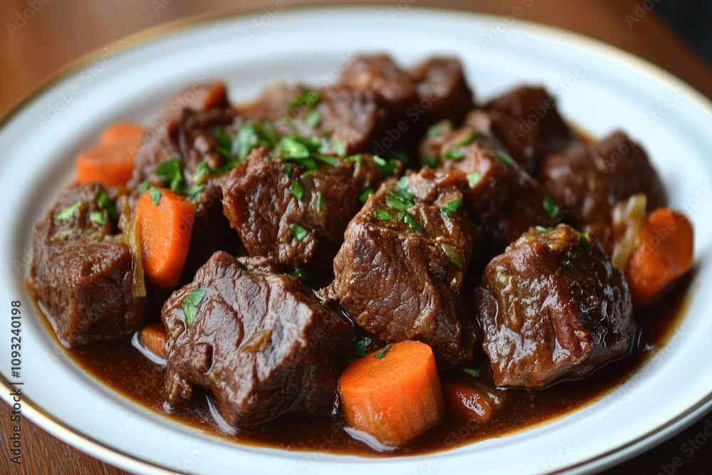A plate of delicious beef stew with tender chunks of meat and vibrant carrots offers a hearty and comforting meal, perfect for warming up during colder seasons. A plate of delicious beef stew with tender chunks of meat and vibrant carrots offers a hearty and comforting meal, perfect for warming up during colder seasons.