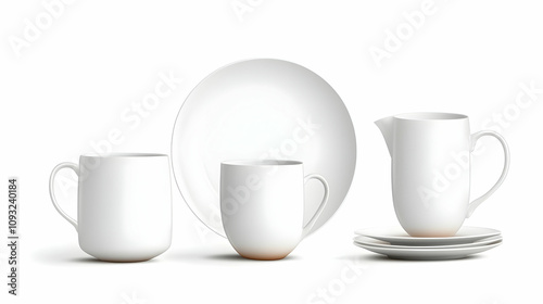 Set of clean tableware on white background. Washing dishes