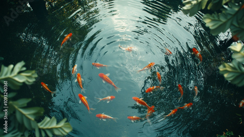 many of gold fishes swimming in a tranquil pond surrounded by rippling water on a sunny afternoon