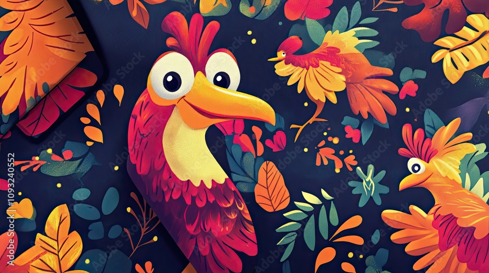 Naklejka premium Colorful Cartoon Bird Pattern with Red, Yellow, and Orange Feathers