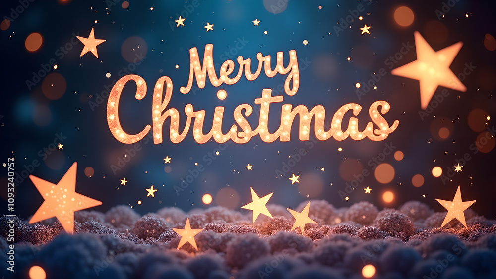 Fototapeta premium Merry Christmas text with glowing stars. Festive winter holiday background.