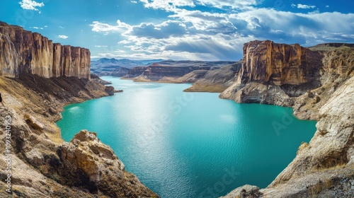 Stunning Panoramic View of a Serene Turquoise Lake Surrounded by Majestic Rocky Cliffs Under a Clear Blue Sky with Dramatic Cloud Patterns in the Background