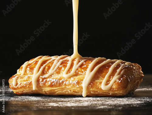 A single Danish pastry being drizzled with icing photo