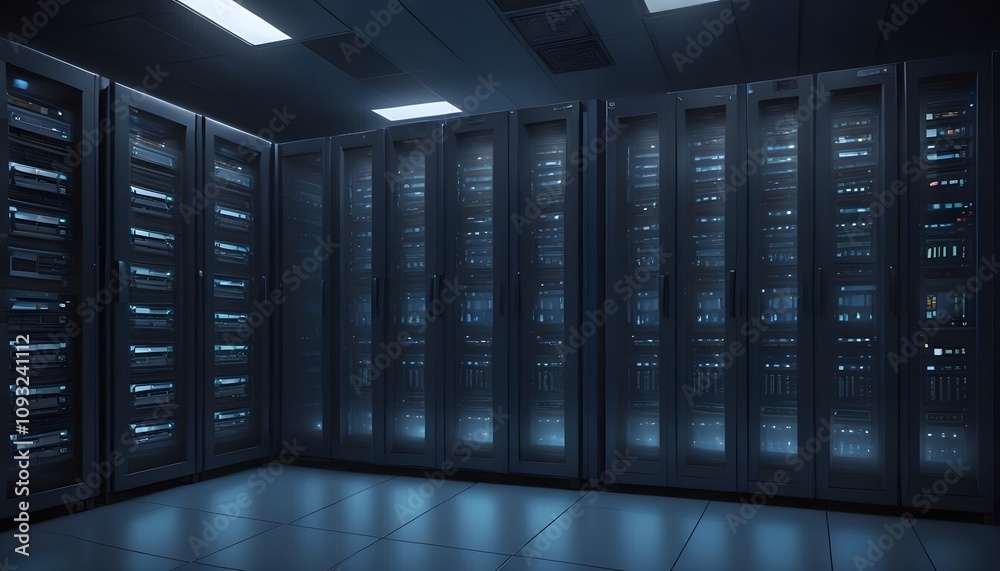 Server racks in computer network security server room data center d render dark blue Server racks in computer network security server room data center d render dark blue