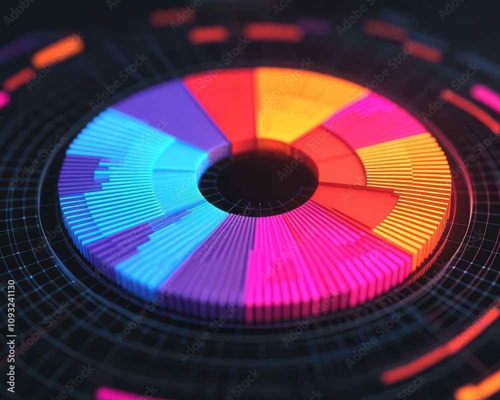 Abstract pie chart with glowing expanding segments, illustrating growing market shares Abstract pie chart with glowing expanding segments, illustrating growing market shares