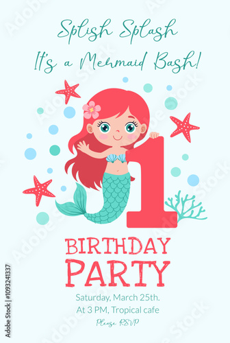 A birthday party invitation for a mermaid with a number 1 on it.