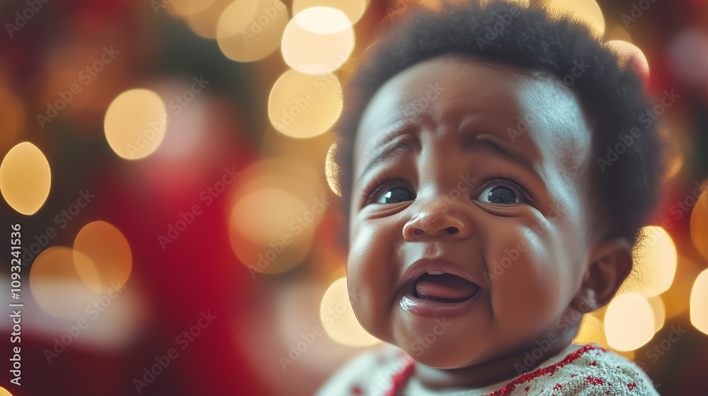 Crying Black baby against blurred Christmas tree, New Year, banner Crying Black baby against blurred Christmas tree, New Year, banner