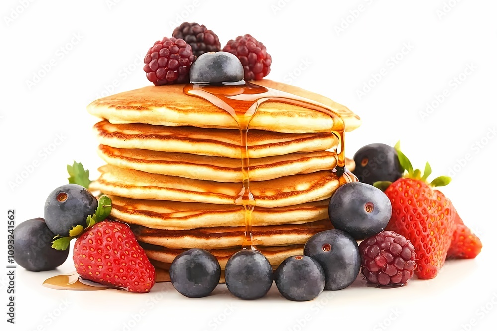 Delicious Stack of Fluffy Pancakes Topped with Fresh Berries, Maple Syrup Drizzled and Colorful Fruits for an Inviting Breakfast Experience Delicious Stack of Fluffy Pancakes Topped with Fresh Berries, Maple Syrup Drizzled and Colorful Fruits for an Inviting Breakfast Experience