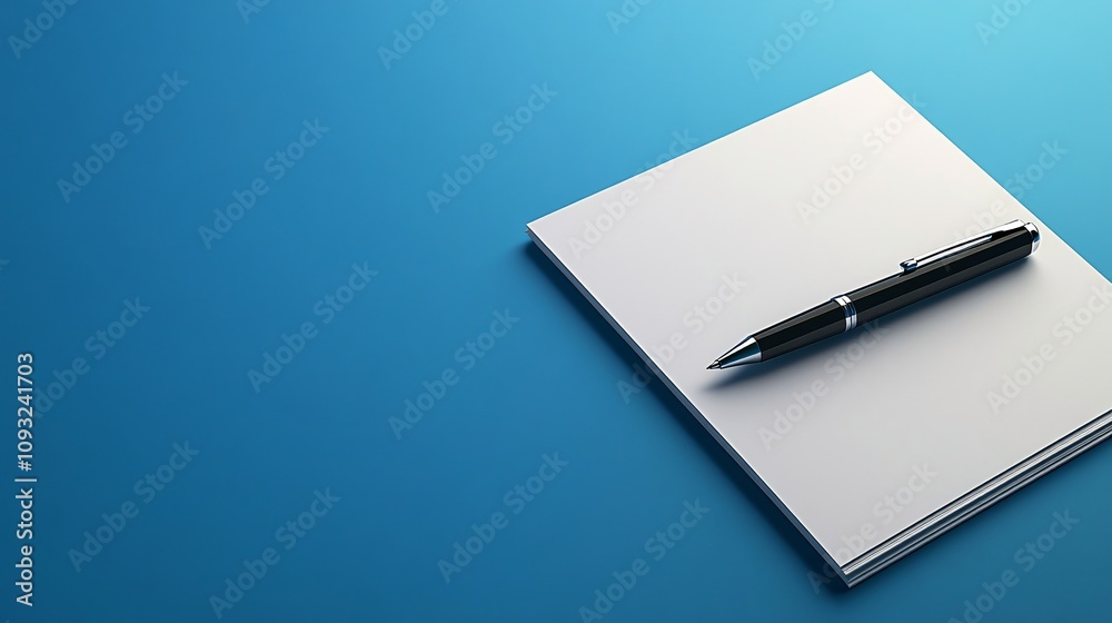Modern Business Workspace Concept with Stylish Pen and Paper on Blue Background Modern Business Workspace Concept with Stylish Pen and Paper on Blue Background