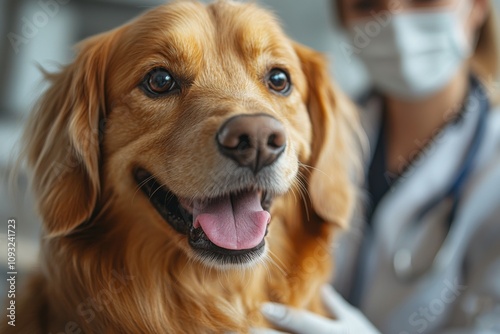 Dog at the veterinarian's office, calm and attentive. Caring and professional atmosphere. Perfect for themes of pet health and veterinary services. photo