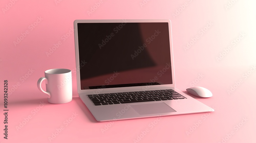Fototapeta premium Modern Minimalist Workspace Concept with Laptop, Mouse, and Coffee Mug on Pink Background for Business Content.