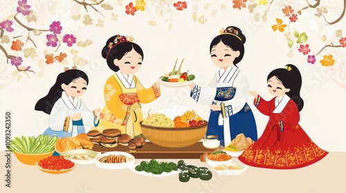 Korean Women in Hanbok Preparing a Festive Meal