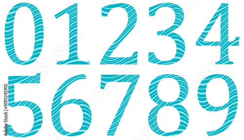 Set of blue numbers with pattern isolated on white. Alphabet with numbers. Vector graphic elements for design. Abstract pattern with lines. Turquoise color