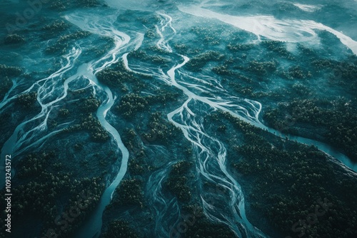 Aerial View Of Braided River Through Lush Green Forest