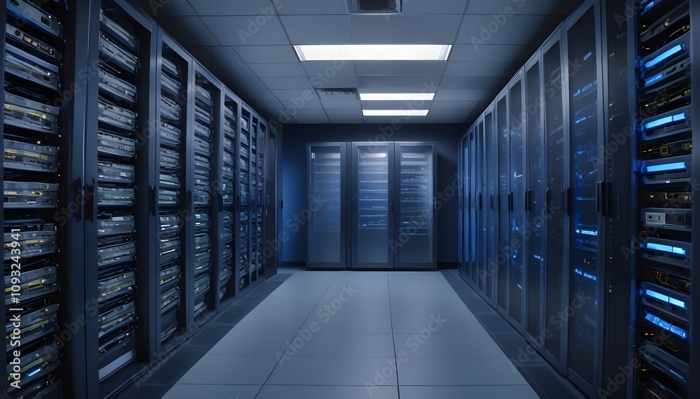 Server racks in computer network security server room data center d render dark blue Server racks in computer network security server room data center d render dark blue