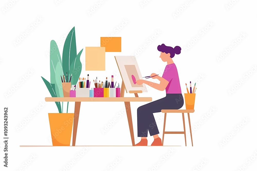 Creative Professional Engaged in Artistic Work at a Bright and Inviting Studio Surrounded by Colorful Supplies and Inspiring Decor Creative Professional Engaged in Artistic Work at a Bright and Inviting Studio Surrounded by Colorful Supplies and Inspiring Decor