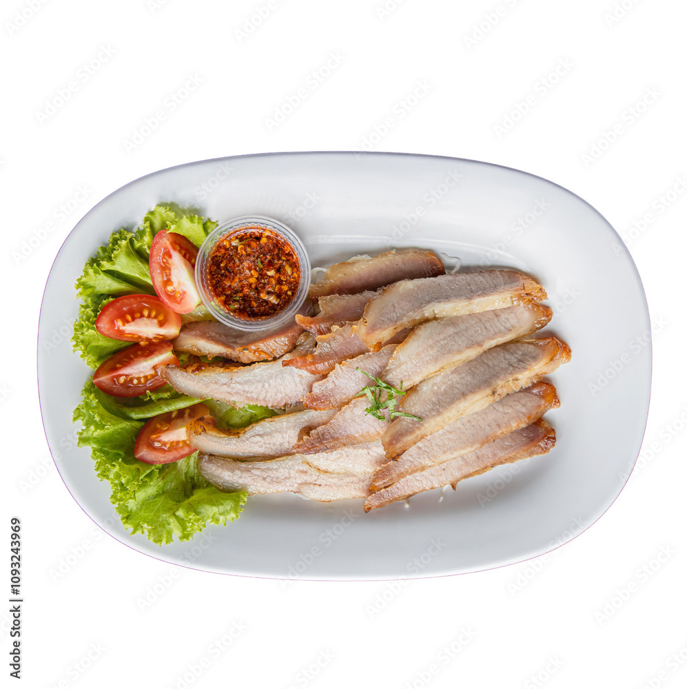 Sliced meat served on a white platter with garnishes of lettuce, tomato, and a small bowl of chili flakes. Sliced meat served on a white platter with garnishes of lettuce, tomato, and a small bowl of chili flakes.