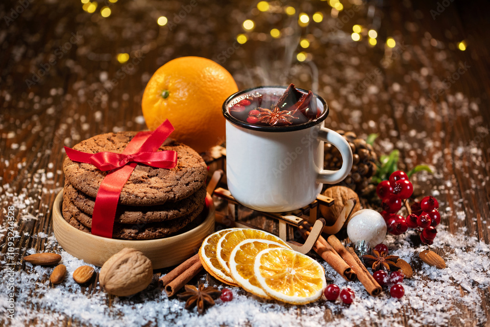 Close-up of traditional Christmas mulled wine with spices and cookies on Christmas market or fun fair Close-up of traditional Christmas mulled wine with spices and cookies on Christmas market or fun fair