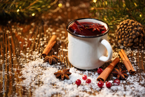 Close-up of traditional Christmas mulled wine with spices on Christmas market