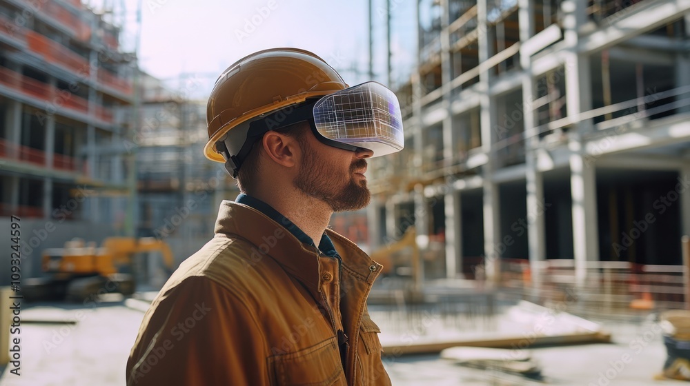 A construction worker wearing a hard hat and VR goggles on a building site.