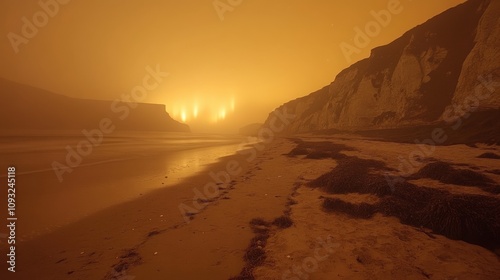 A foggy beach scene with illuminated cliffs and a serene shoreline at dusk.