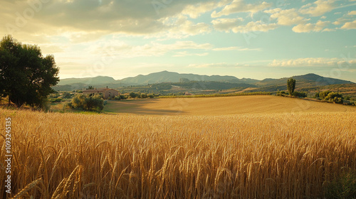 Golden wheat field stretches to mountains under a partly cloudy sky