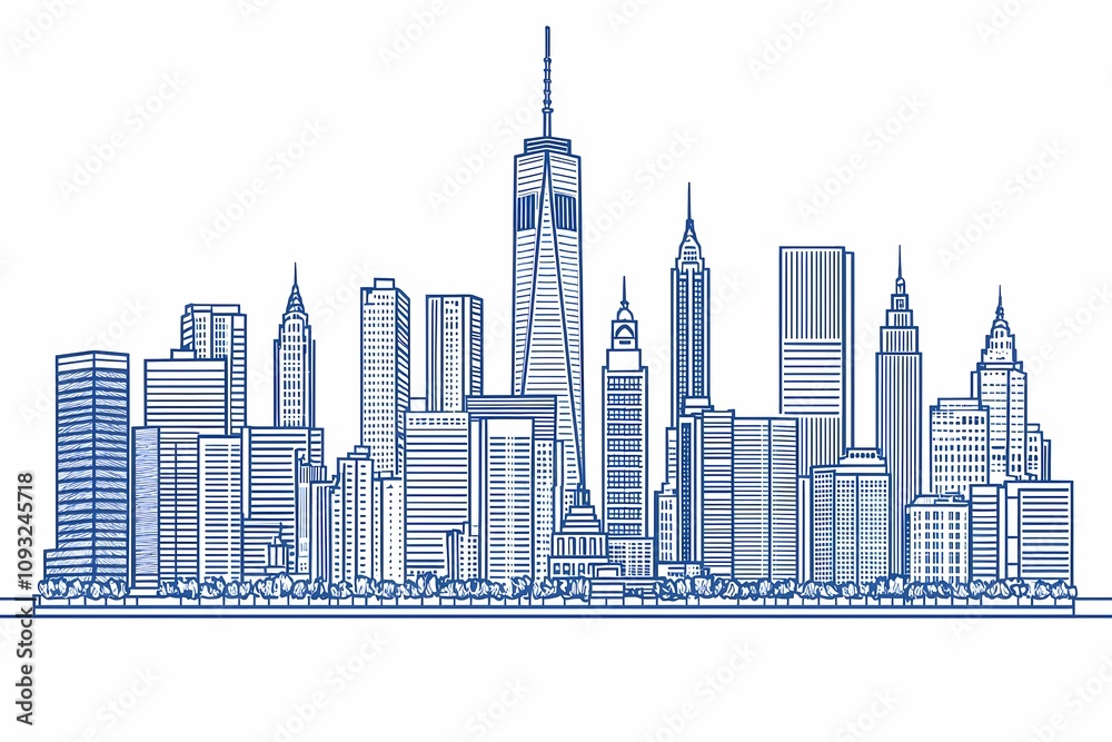 Obraz premium Urban Skyline Illustration Featuring Iconic Skyscrapers, Towers, and Modern Buildings in a Detailed Line Art Style Representing a Vibrant City Landscape