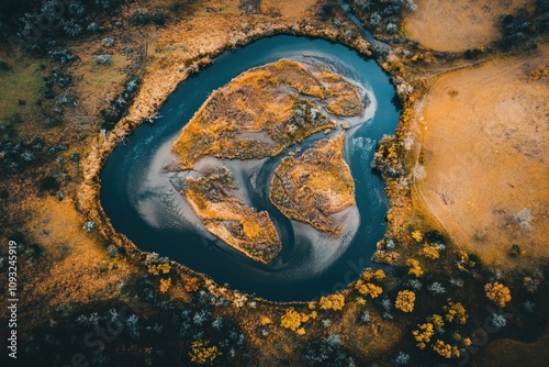 Aerial View Of An Island In A River Bend During Autumn