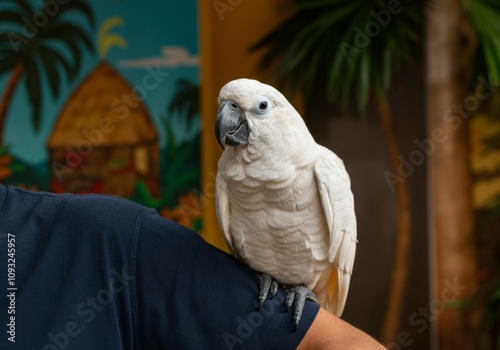 White cockatoo perched on person's shoulder in tropical setting photo