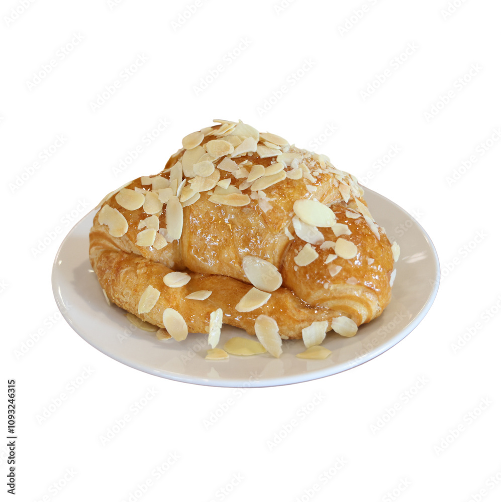 A golden pastry topped with sliced almonds, served on a white plate. A golden pastry topped with sliced almonds, served on a white plate.