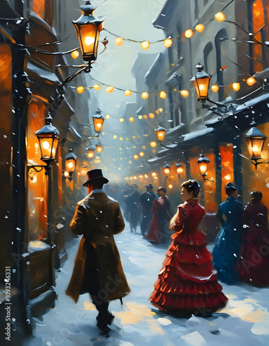 A quaint Victorian street scene with carolers singing, lanterns glowing, and snow gently falling, as people walk by in elegant period clothing oil painting art vertical style