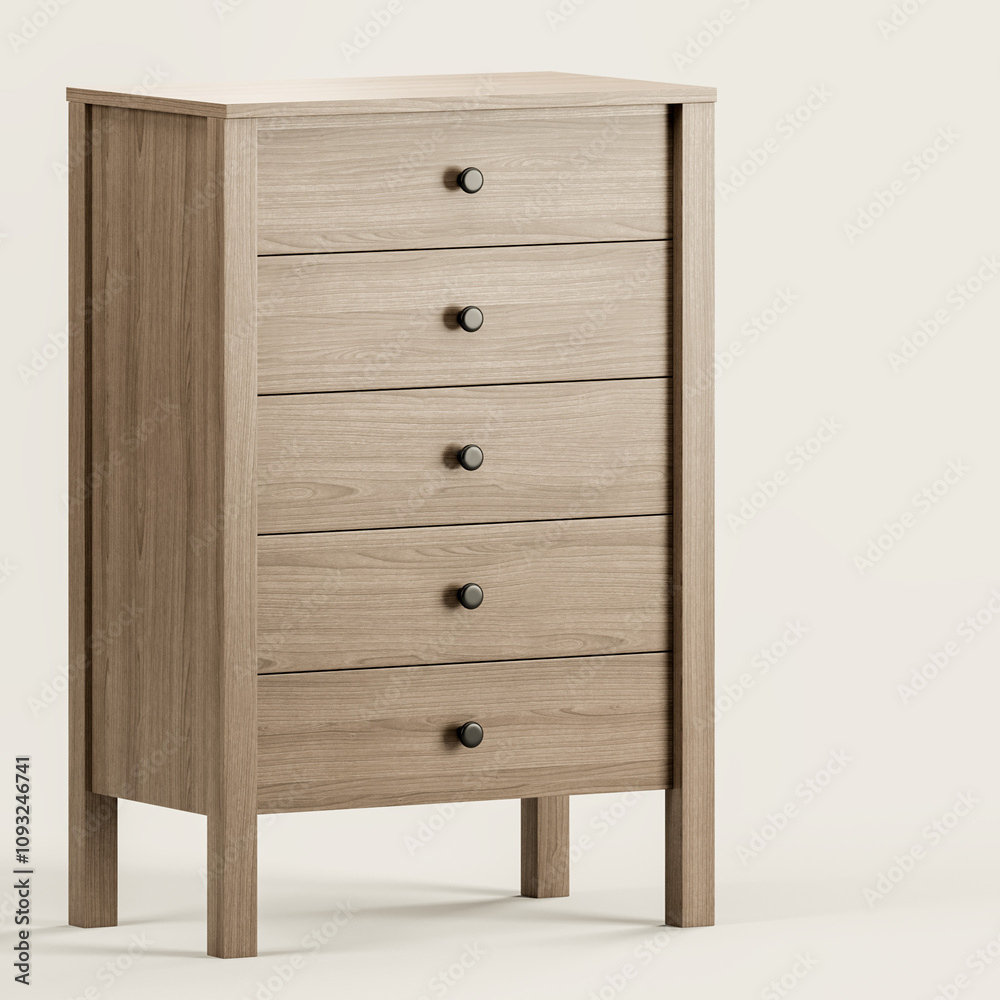 A wooden dresser with five drawers A wooden dresser with five drawers