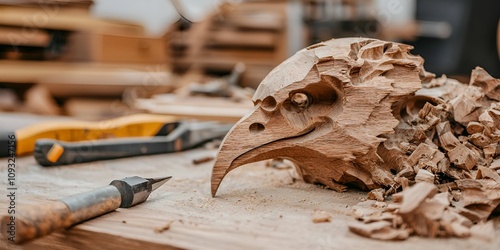 A wooden eagle sculpture is being crafted, surrounded by carving tools and shavings in a workshop.