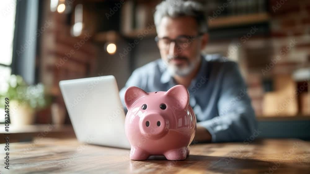 Man saving money with piggy bank. Middle-aged man sits at a desk with a laptop and a piggy bank, symbolizing financial planning and saving.
