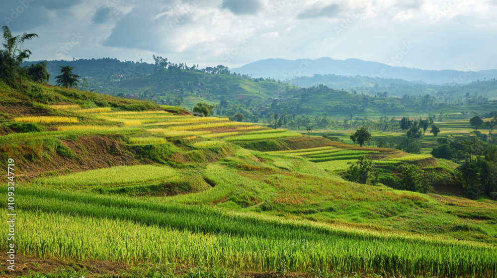 Rolling hillsides with terraced rice paddies, lush green fields Rolling hillsides with terraced rice paddies, lush green fields