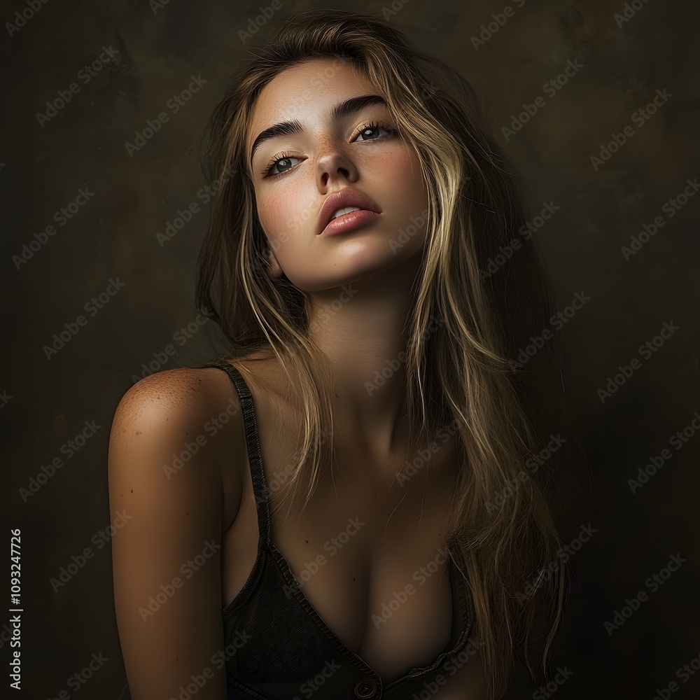 A young woman showcases her emotional depth while striking a captivating pose in a studio A young woman showcases her emotional depth while striking a captivating pose in a studio