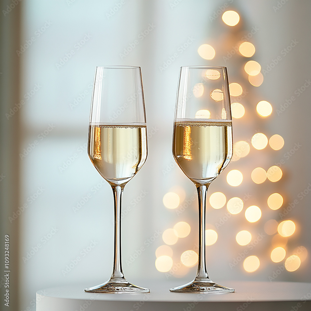 two glasses of champagne on the table with bokeh lights background,generative AI two glasses of champagne on the table with bokeh lights background,generative AI