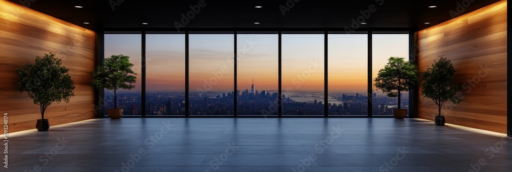Fototapeta premium Serene sunrise cityscape view from a modern minimalist office. Warm wood paneling and sleek flooring create a sophisticated ambiance. Two potted plants add a touch of nature.