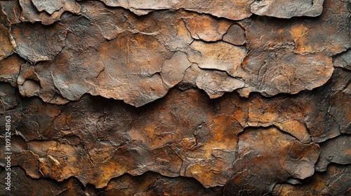 An intricate tapestry of earthy tones and cracked surfaces, conveying the raw and unrefined beauty often found in naturally weathered materials. photo