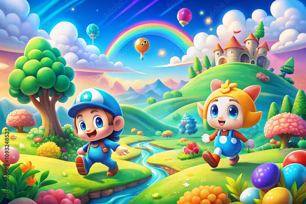 Playful Adventure of Two Classic Characters in a Colorful Landscape with Ample Copy Space for Custom Text and Branding Opportunities Playful Adventure of Two Classic Characters in a Colorful Landscape with Ample Copy Space for Custom Text and Branding Opportunities