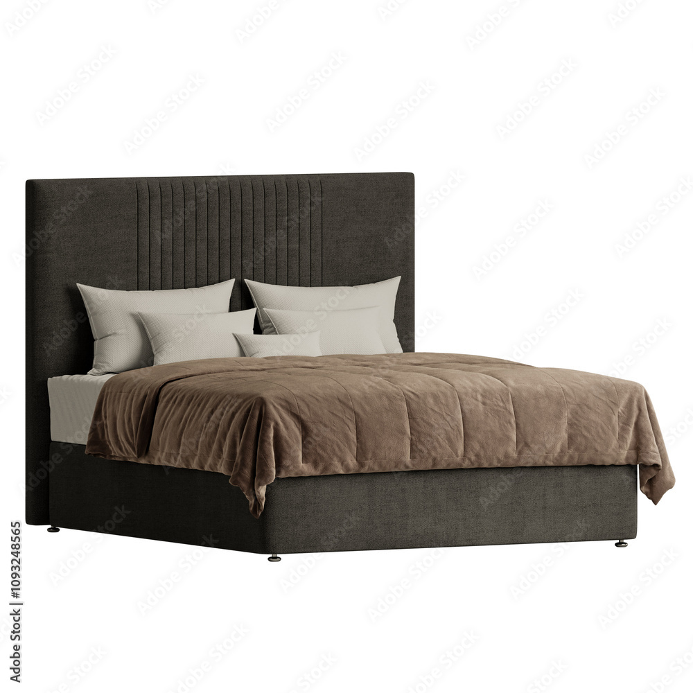 A bed with a brown comforter and pillows A bed with a brown comforter and pillows