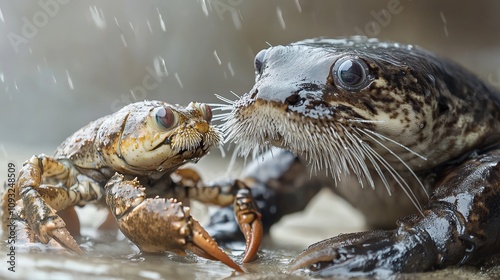 A close-up of a crab and an otter interacting under rain, showcasing nature's wonders and wildlife friendships. photo