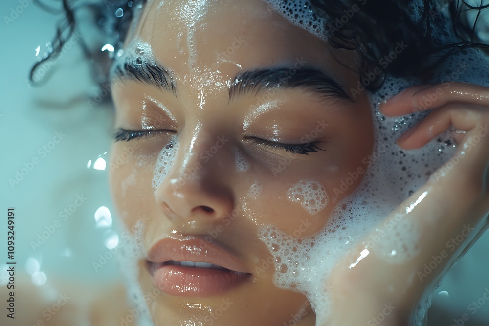 Close-up of a serene person with bubbles, evoking relaxation. Close-up of a serene person with bubbles, evoking relaxation.