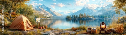 Detailed Illustration of a Scenic Hiking Route with Trails, Mountains, and Nature Elements for Outdoor Adventure Enthusiasts