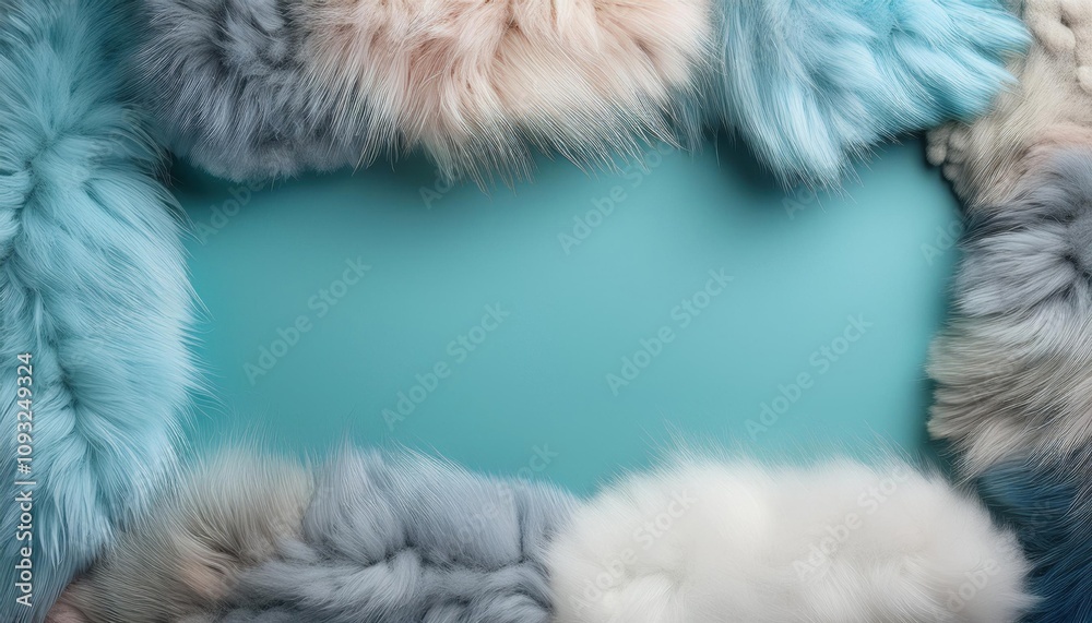 Several fluffy furs are arranged in a circle on a blue surface, frame , space for text Several fluffy furs are arranged in a circle on a blue surface, frame , space for text