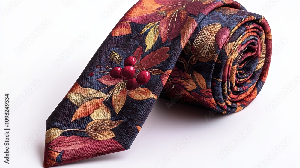 Rolled Silk Tie with Floral and Berry Pattern Rolled Silk Tie with Floral and Berry Pattern
