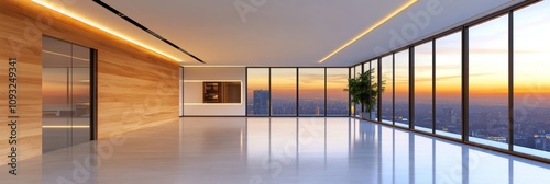Sun sets over a city skyline viewed from a modern  minimalist office space. Warm light contrasts with sleek  polished floors. 