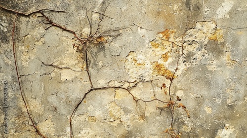 A picturesque old wall with peeling textures and creeping vines, illustrating the blend of human creation and nature’s persistent takeover over time.