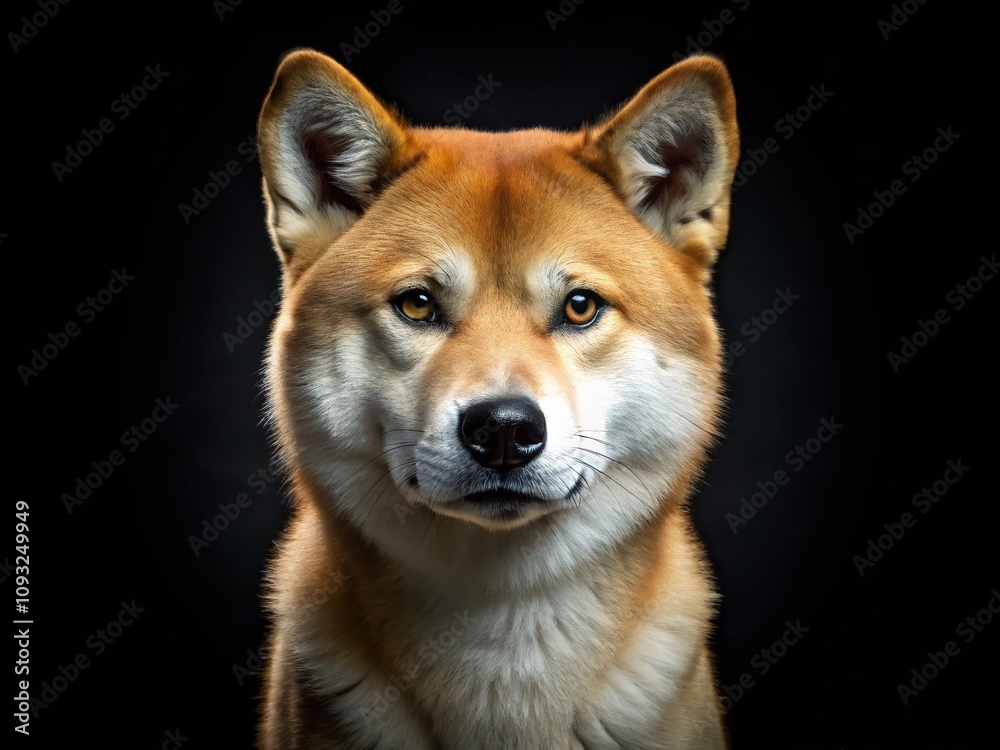 Powerful Portrait of a Unique Shiba Inu Dog Against a Striking Black Background, Showcasing Its Fierce Expression and Captivating Features in Stunning Detail Powerful Portrait of a Unique Shiba Inu Dog Against a Striking Black Background, Showcasing Its Fierce Expression and Captivating Features in Stunning Detail