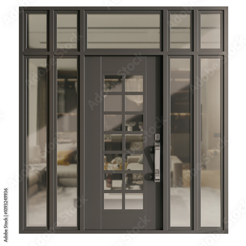 A large black door with a glass window in the middle